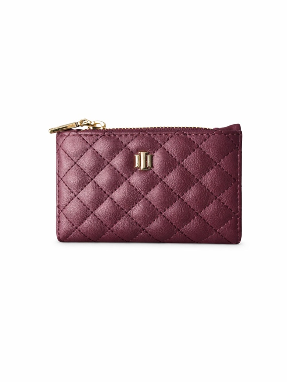 Quilted Zip Card Case in Deep Berry with Gold Hardware